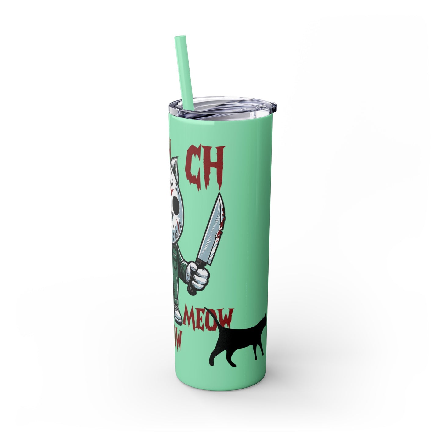 Meow Scary Funny Bloody Cat with Knife Skinny Tumbler with Straw, 20oz