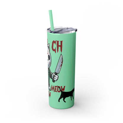 Meow Scary Funny Bloody Cat with Knife Skinny Tumbler with Straw, 20oz