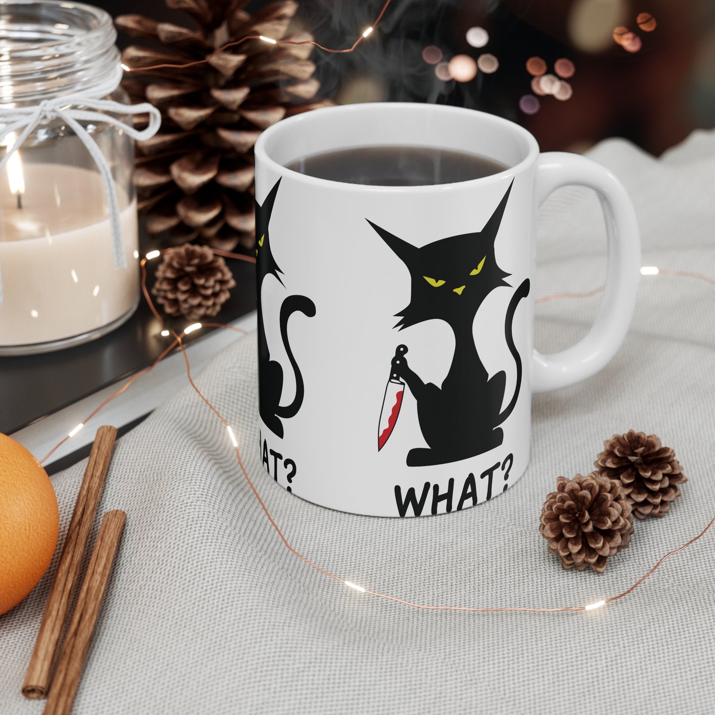 White Sarcastic What Cat With Bloody Knife Coffee Mug 11oz