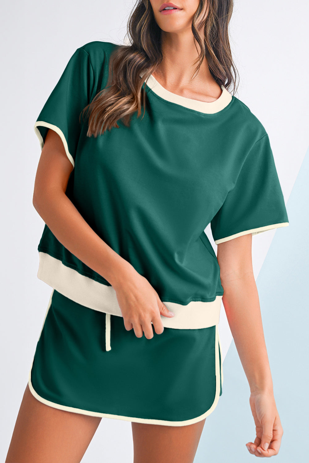 Turquoise Colorblock Edge Drop Shoulder T Shirt and Skort Set