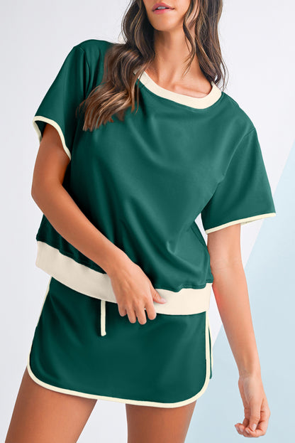 Turquoise Colorblock Edge Drop Shoulder T Shirt and Skort Set