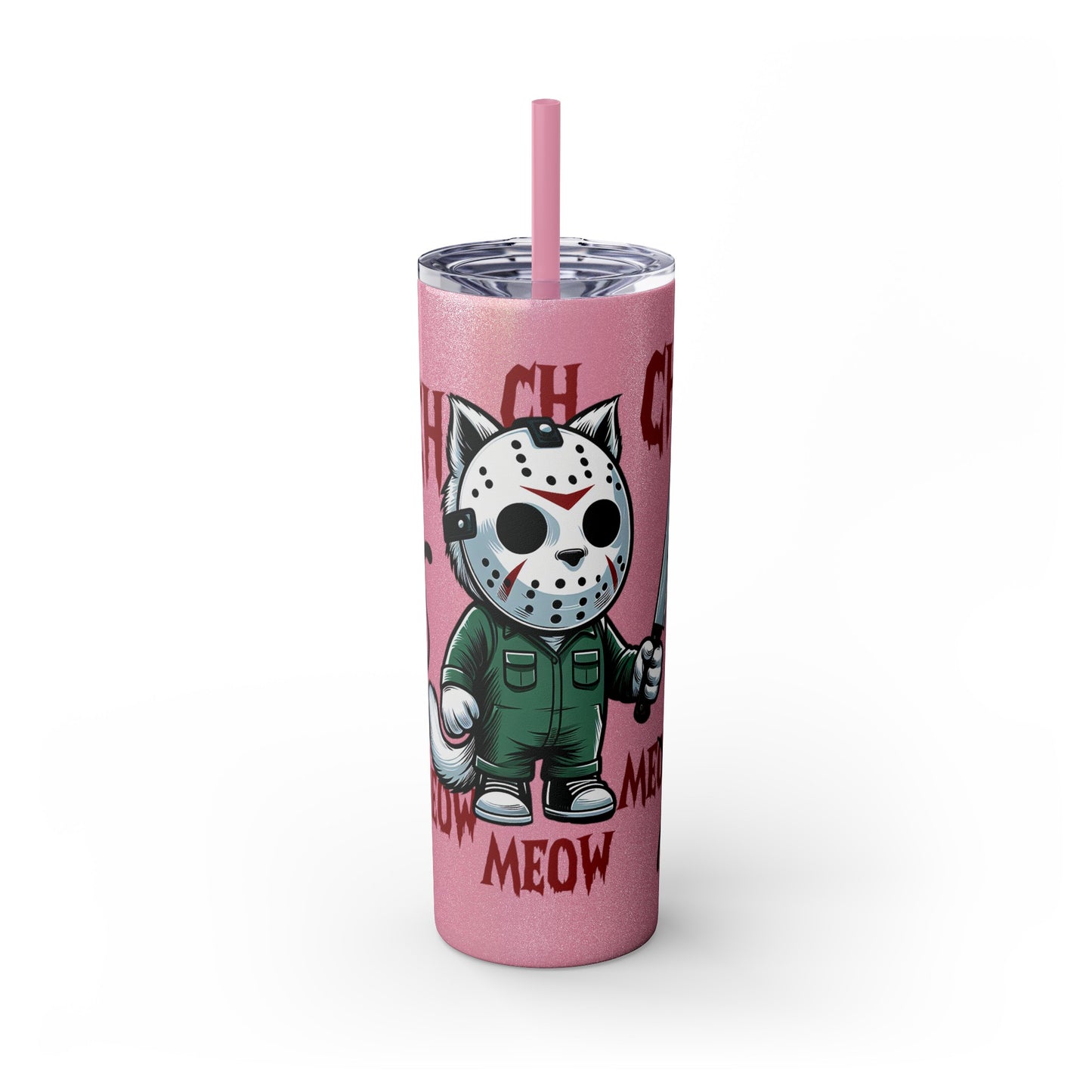 Meow Scary Funny Bloody Cat with Knife Skinny Tumbler with Straw, 20oz