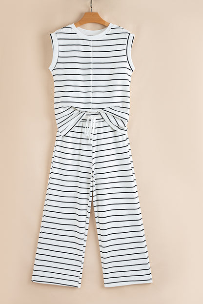 Sail Blue Casual Striped Tee and Wide Leg Pants Set