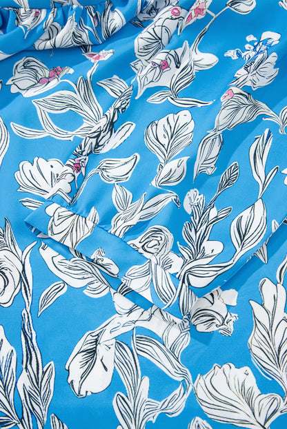 Sky Blue Vintage Floral Print V-Neck Bubble Sleeve Blouse