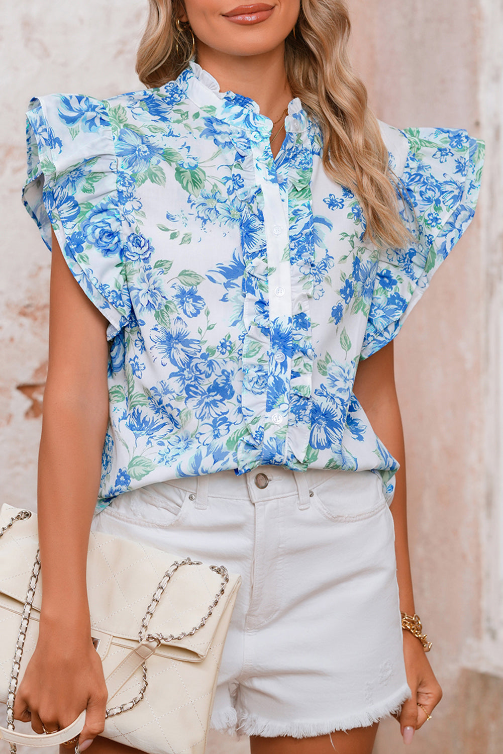 Green Floral Print Ruffle Sleeve Frill Shirt