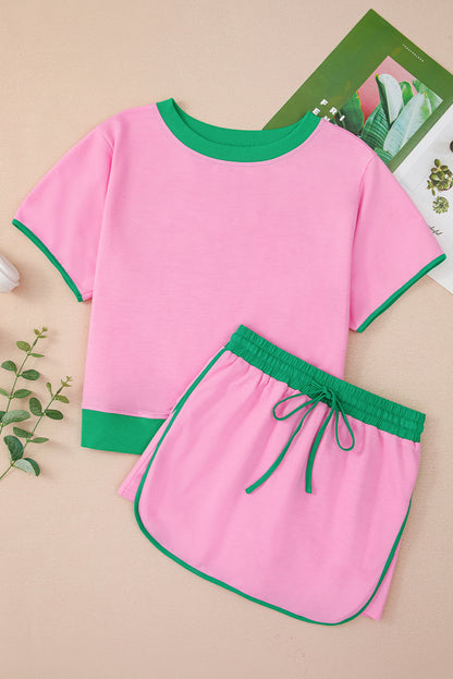 Turquoise Colorblock Edge Drop Shoulder T Shirt and Skort Set