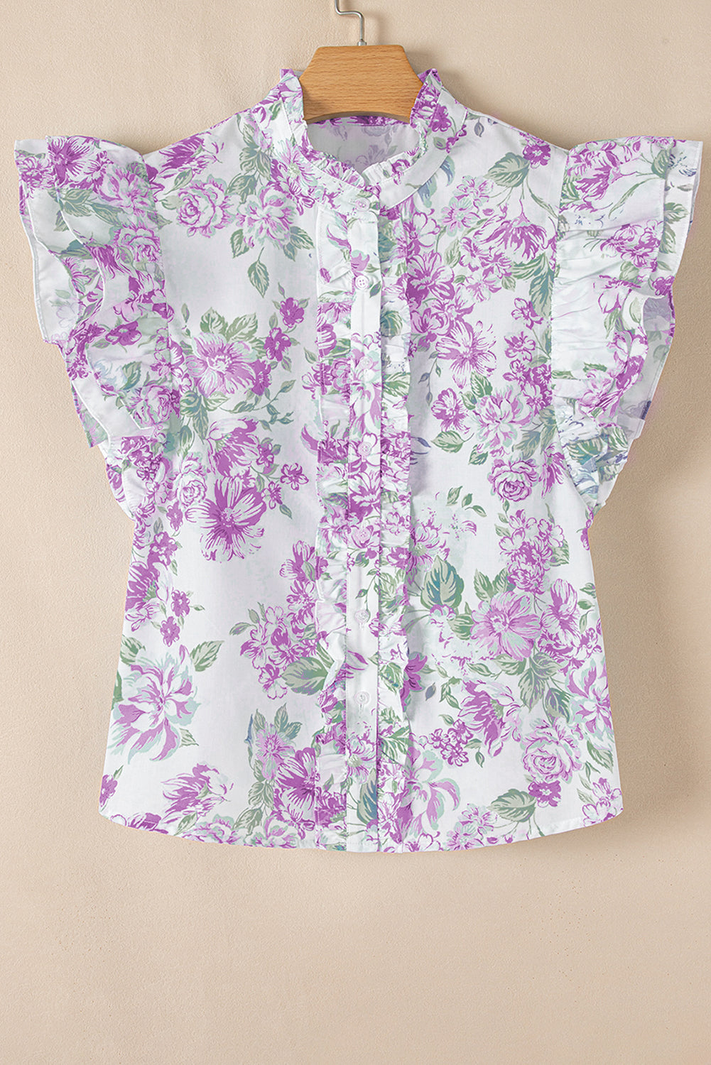 Green Floral Print Ruffle Sleeve Frill Shirt