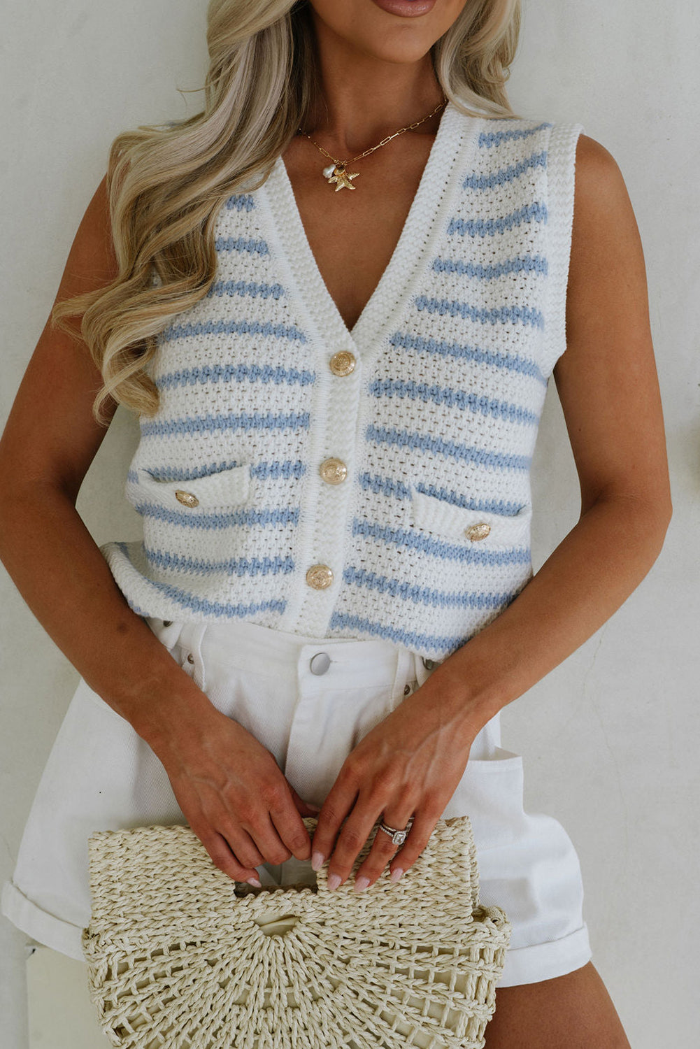 Black Striped V Neck Button Knit Vest