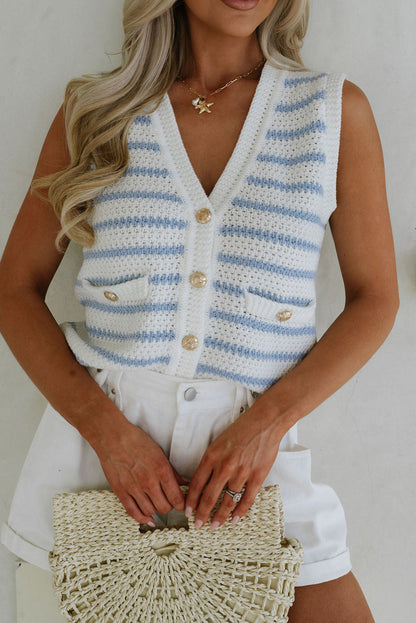 Black Striped V Neck Button Knit Vest