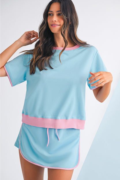 Turquoise Colorblock Edge Drop Shoulder T Shirt and Skort Set