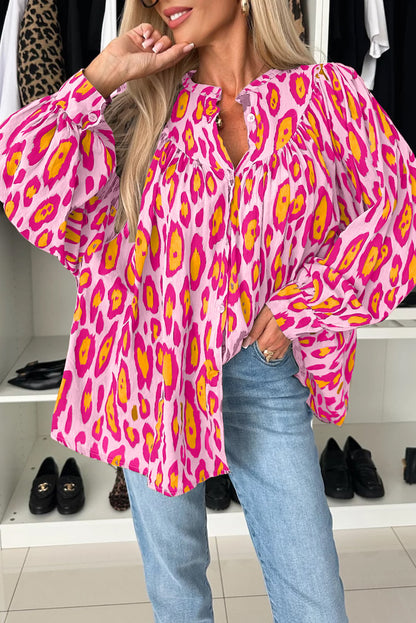 Jet Stream Leopard Print Balloon Sleeve Loose Blouse