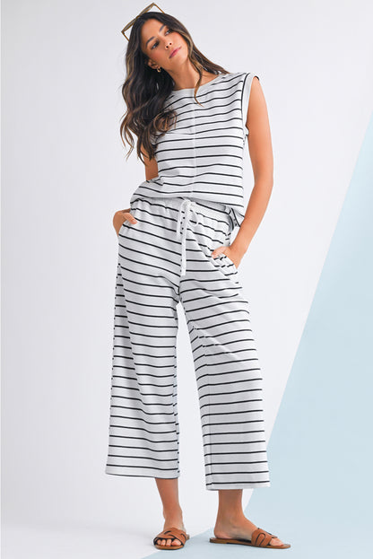 Sail Blue Casual Striped Tee and Wide Leg Pants Set