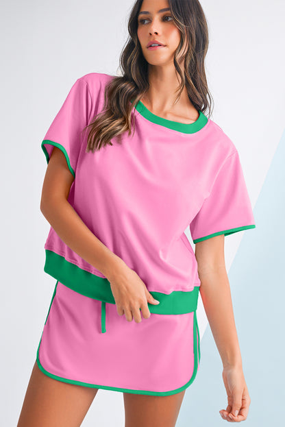 Turquoise Colorblock Edge Drop Shoulder T Shirt and Skort Set