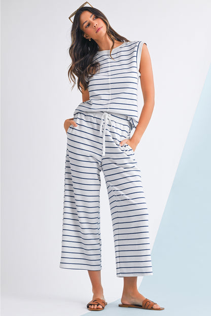 Sail Blue Casual Striped Tee and Wide Leg Pants Set