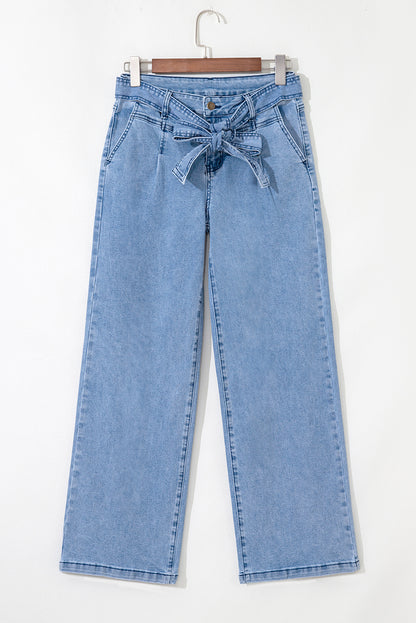 Beau Blue Vintage Washed Knot Belt Wide Leg Jeans
