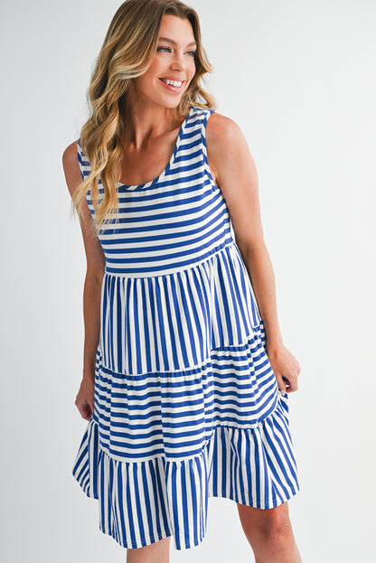 Sky Blue Striped U Neck Sleeveless Loose Fit Mini Dress