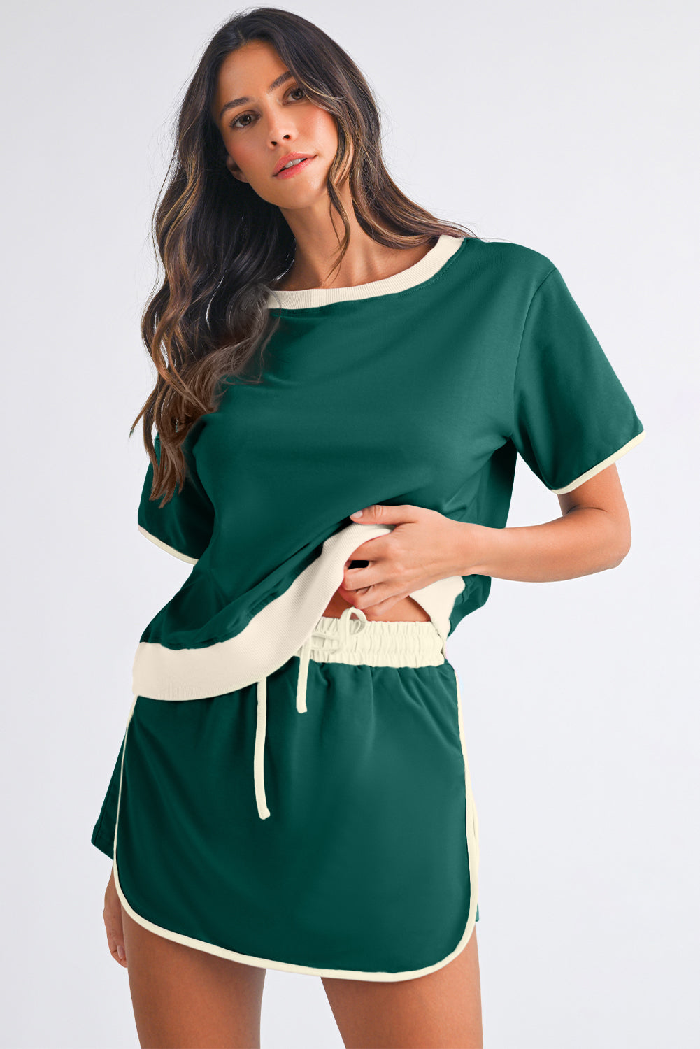 Turquoise Colorblock Edge Drop Shoulder T Shirt and Skort Set