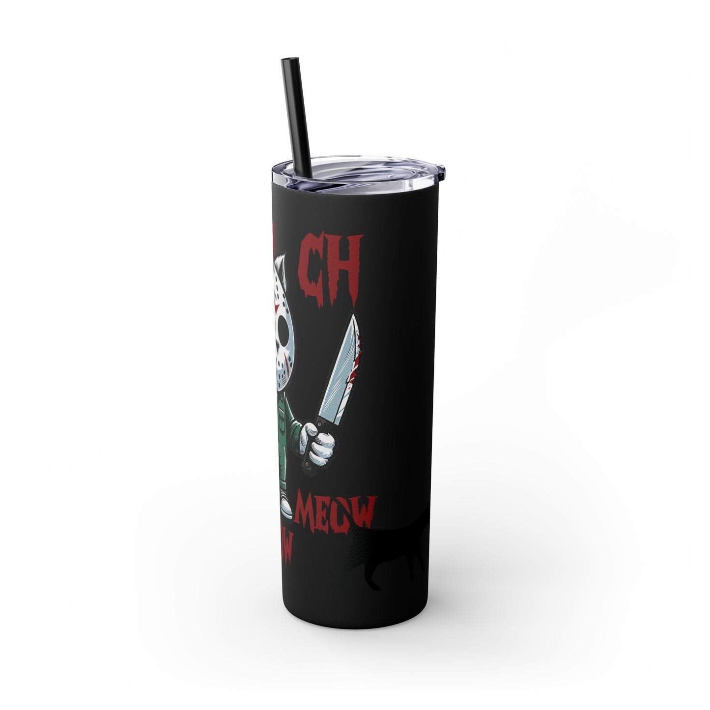 Meow Scary Funny Bloody Cat with Knife Skinny Tumbler with Straw, 20oz