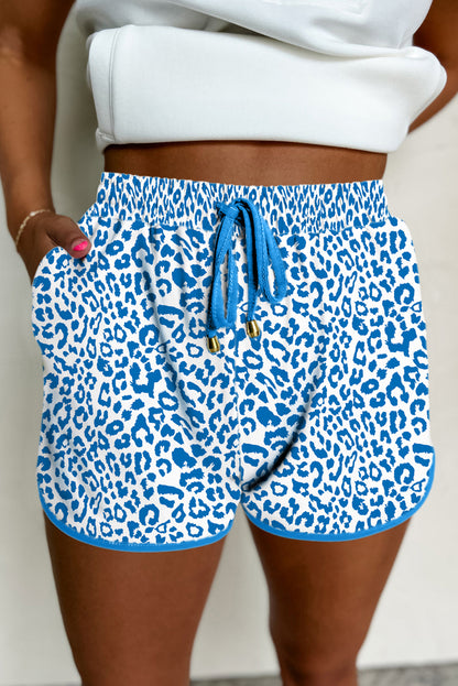 White Leopard Elastic Waist Lace up Contrast Trim Casual Shorts