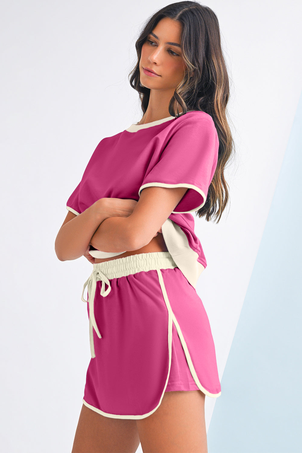 Turquoise Colorblock Edge Drop Shoulder T Shirt and Skort Set