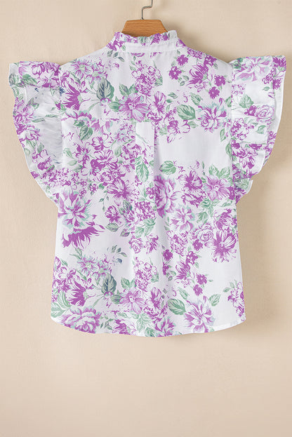 Green Floral Print Ruffle Sleeve Frill Shirt