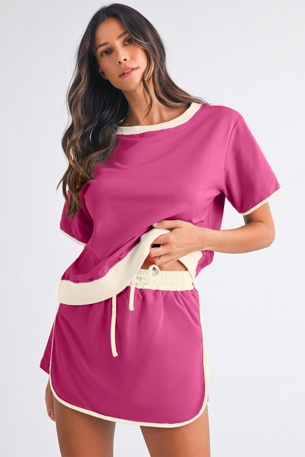 Turquoise Colorblock Edge Drop Shoulder T Shirt and Skort Set