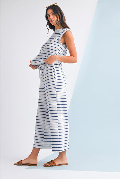 Sail Blue Casual Striped Tee and Wide Leg Pants Set
