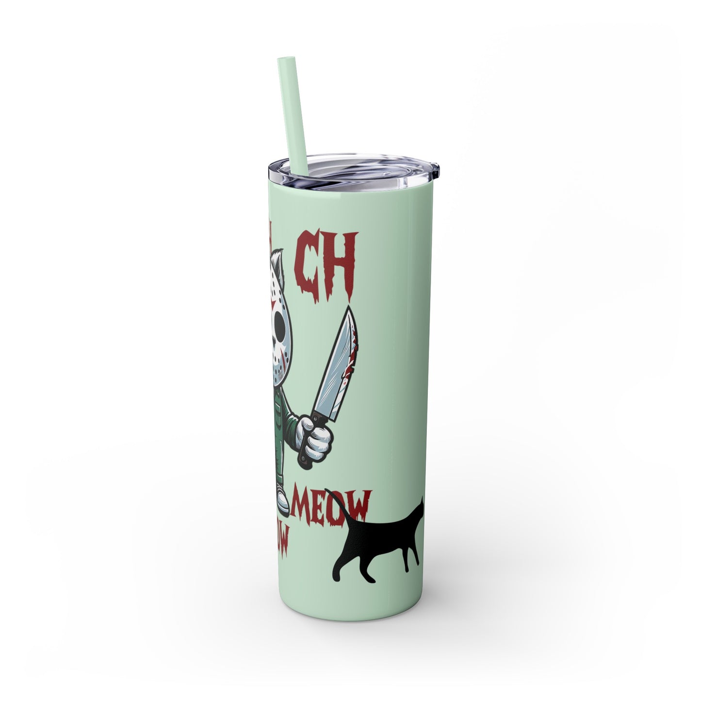 Meow Scary Funny Bloody Cat with Knife Skinny Tumbler with Straw, 20oz