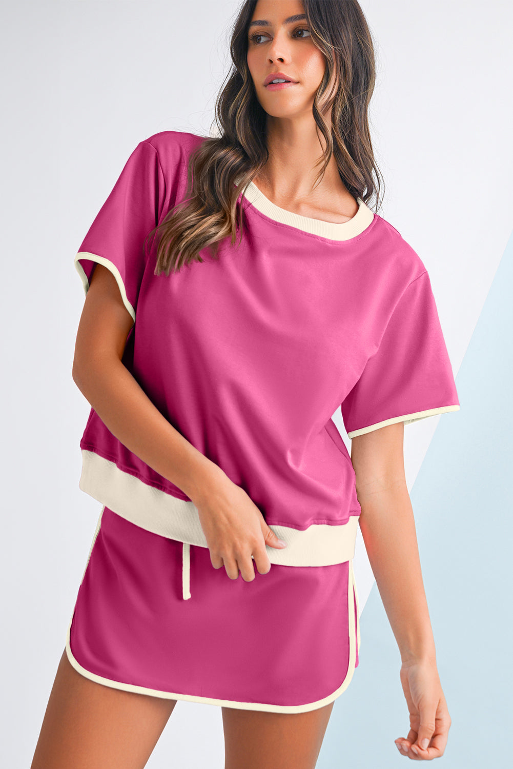 Turquoise Colorblock Edge Drop Shoulder T Shirt and Skort Set