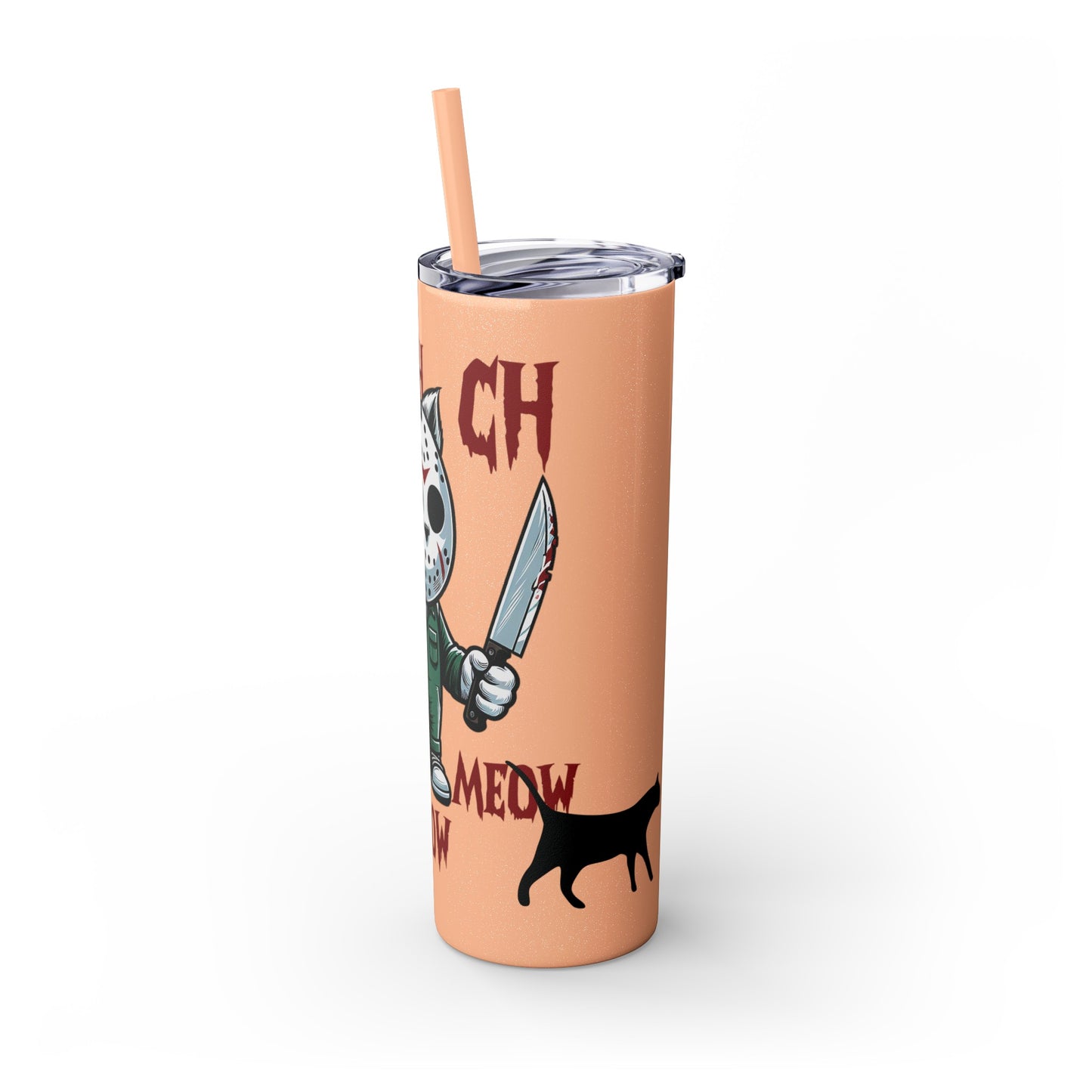 Meow Scary Funny Bloody Cat with Knife Skinny Tumbler with Straw, 20oz