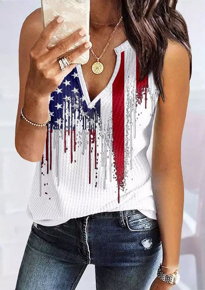 Europe and the United States summer thin V-neck vest women 2023 new American flag print sleeveless top fashion texture back