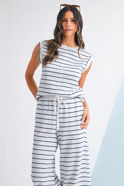 Sail Blue Casual Striped Tee and Wide Leg Pants Set