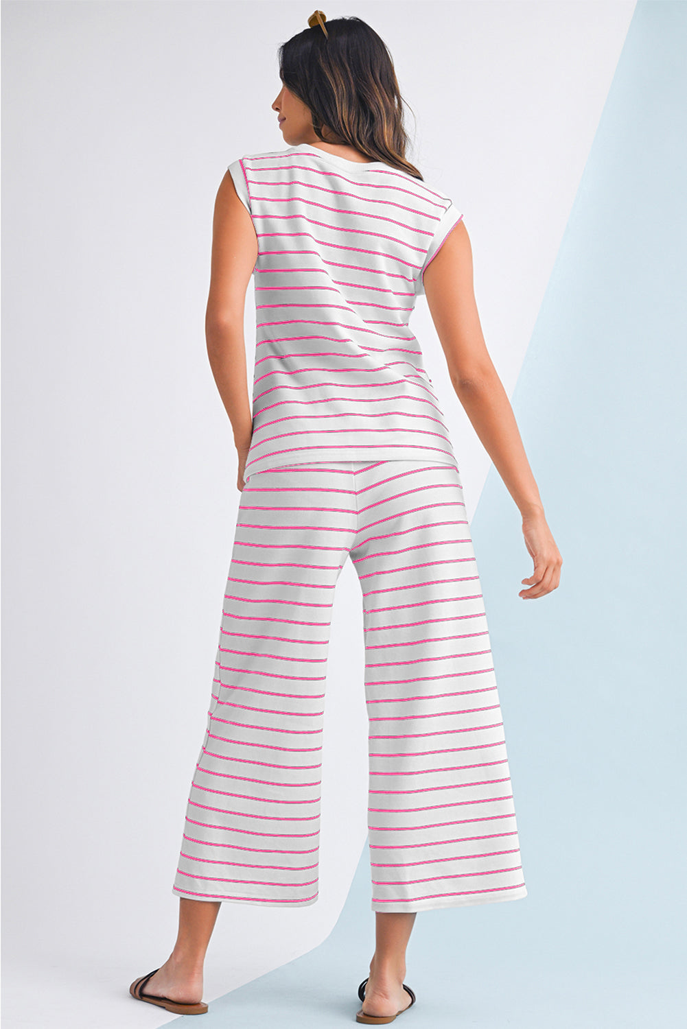 Sail Blue Casual Striped Tee and Wide Leg Pants Set