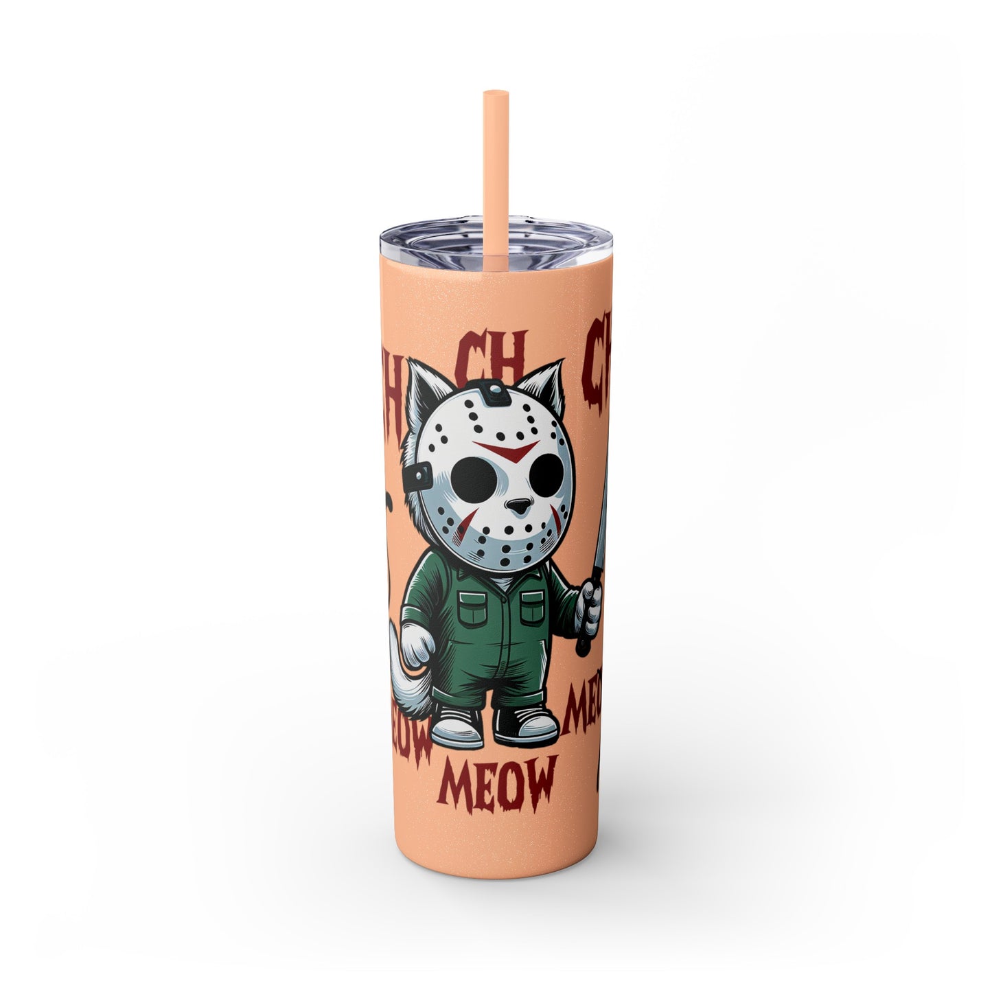 Meow Scary Funny Bloody Cat with Knife Skinny Tumbler with Straw, 20oz