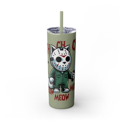 Meow Scary Funny Bloody Cat with Knife Skinny Tumbler with Straw, 20oz