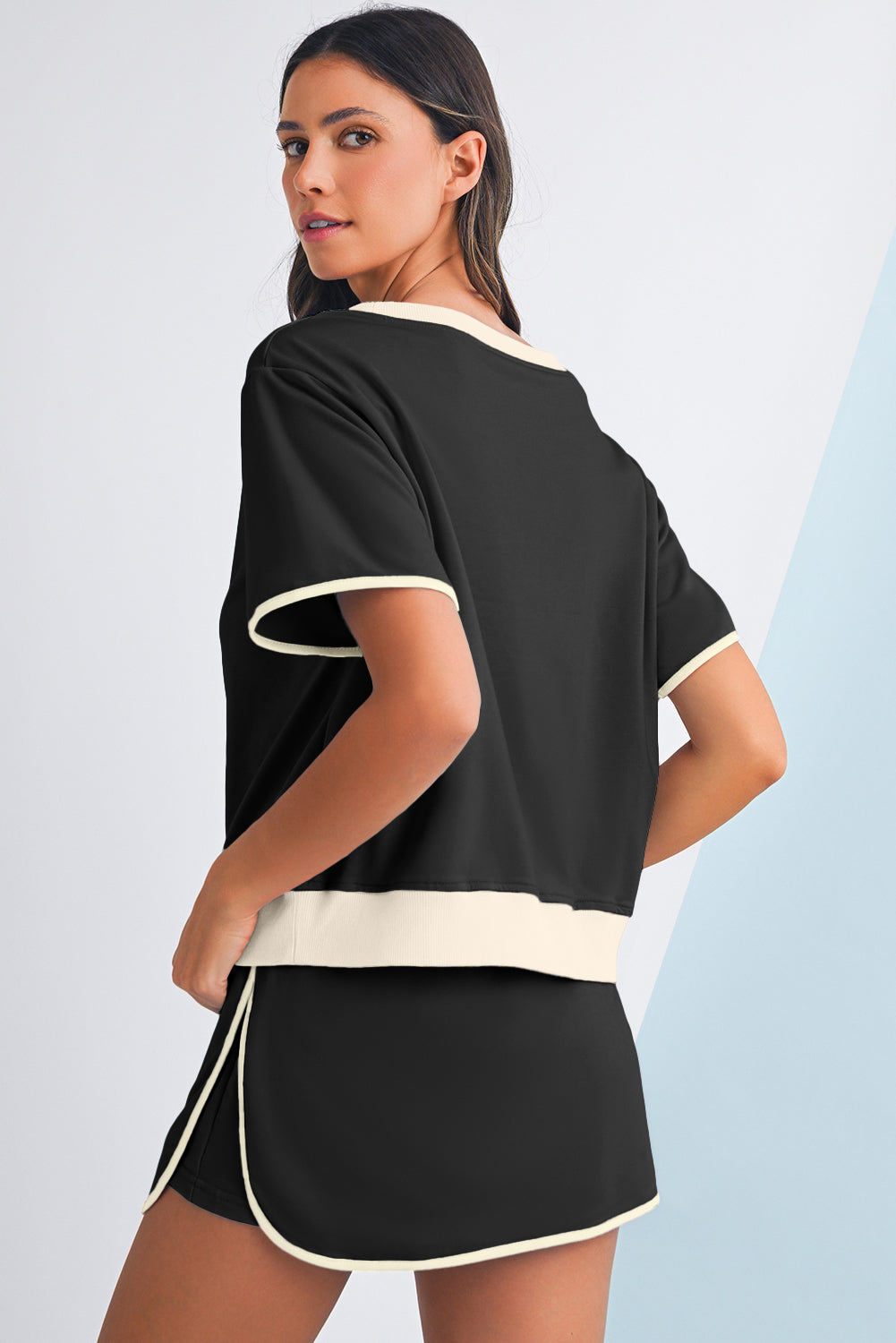 Turquoise Colorblock Edge Drop Shoulder T Shirt and Skort Set