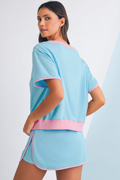 Turquoise Colorblock Edge Drop Shoulder T Shirt and Skort Set