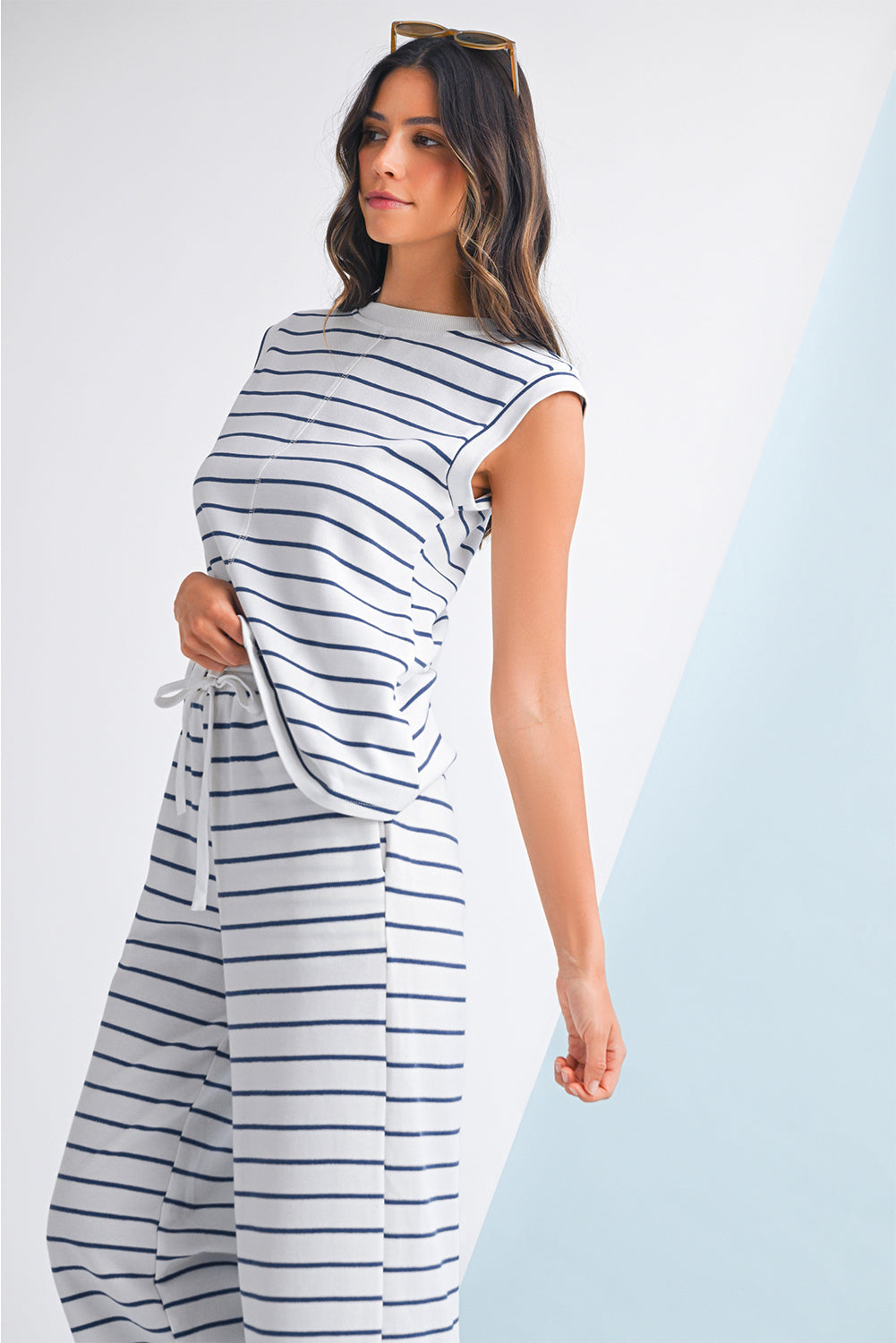 Sail Blue Casual Striped Tee and Wide Leg Pants Set