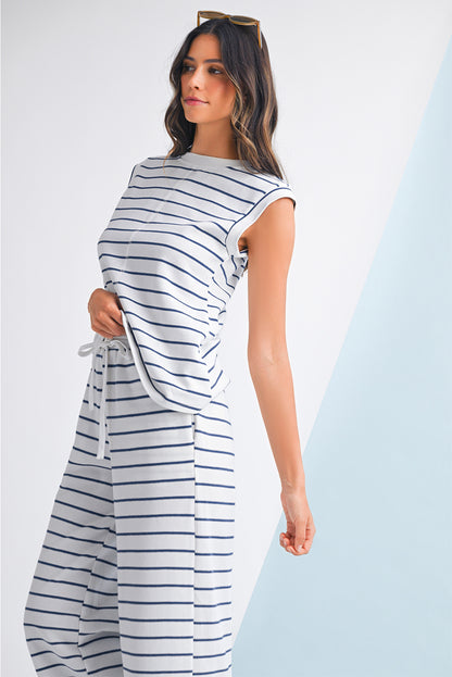 Sail Blue Casual Striped Tee and Wide Leg Pants Set