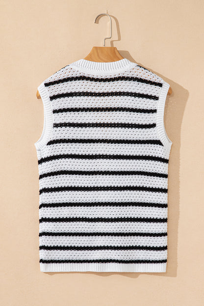 Black Striped V Neck Button Knit Vest