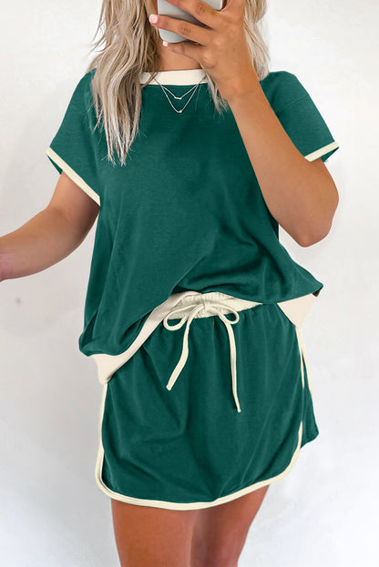 Turquoise Colorblock Edge Drop Shoulder T Shirt and Skort Set