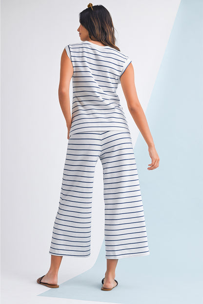 Sail Blue Casual Striped Tee and Wide Leg Pants Set