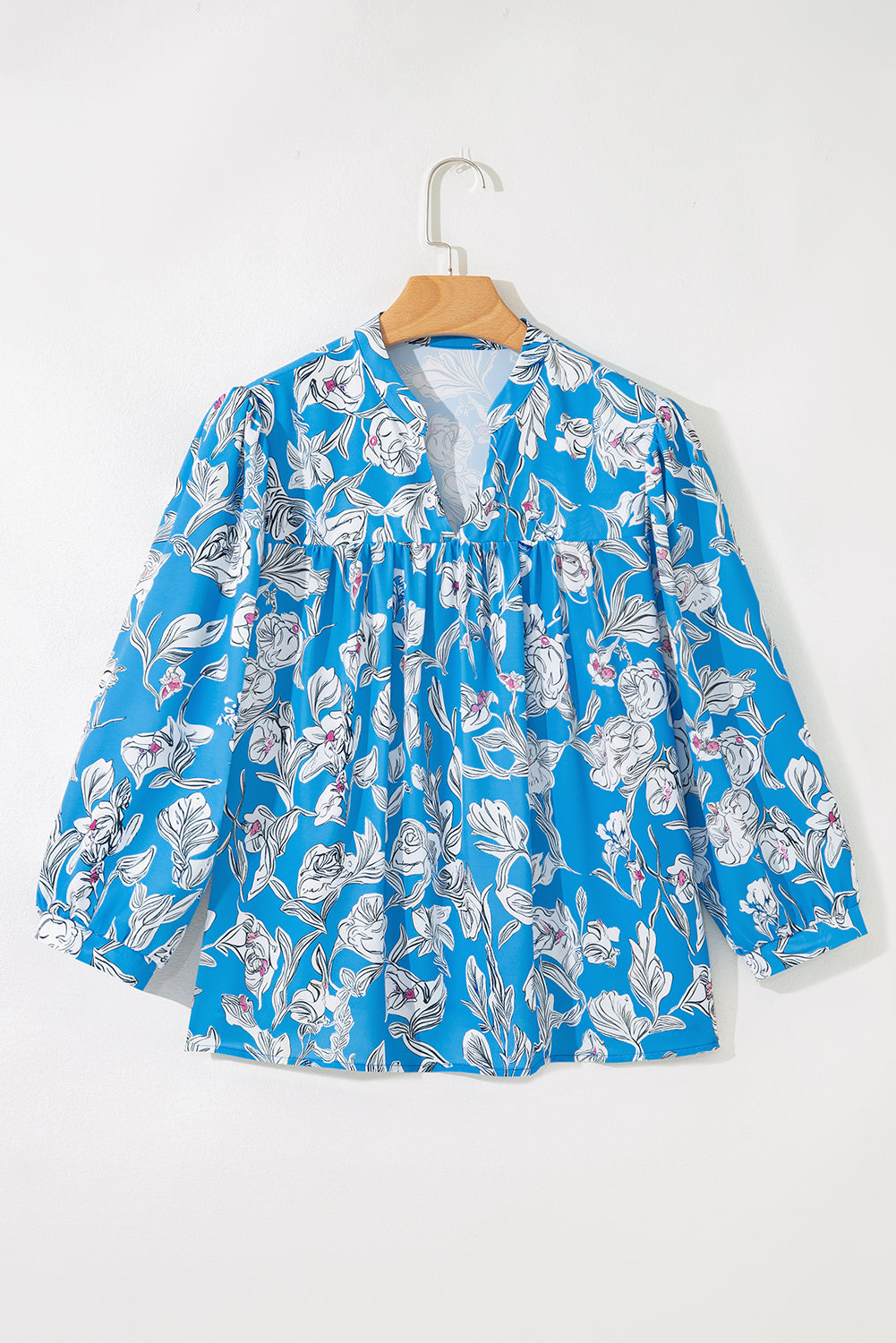 Sky Blue Vintage Floral Print V-Neck Bubble Sleeve Blouse