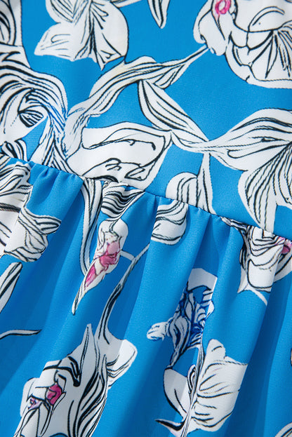 Sky Blue Vintage Floral Print V-Neck Bubble Sleeve Blouse