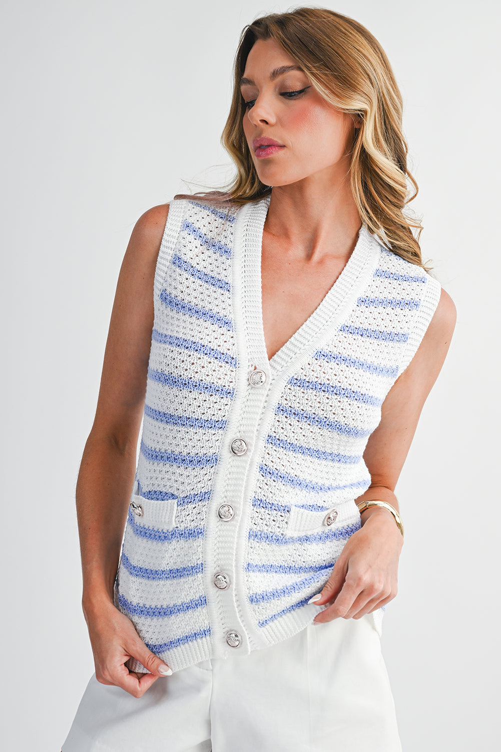 Black Striped V Neck Button Knit Vest