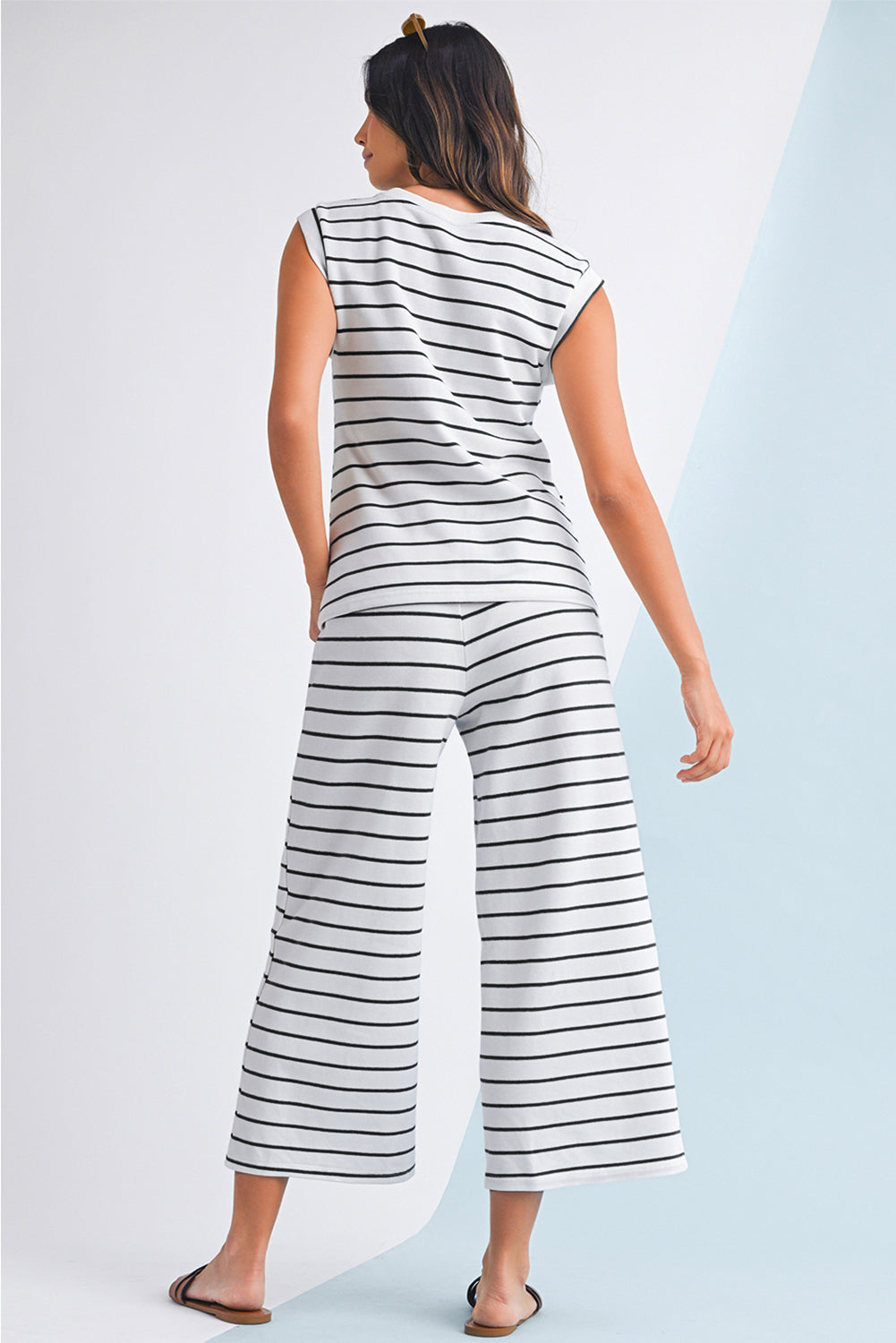 Sail Blue Casual Striped Tee and Wide Leg Pants Set