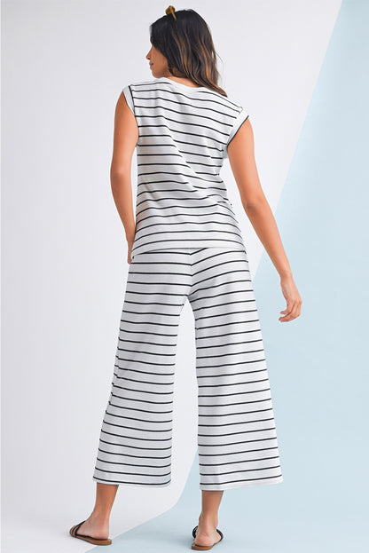 Sail Blue Casual Striped Tee and Wide Leg Pants Set