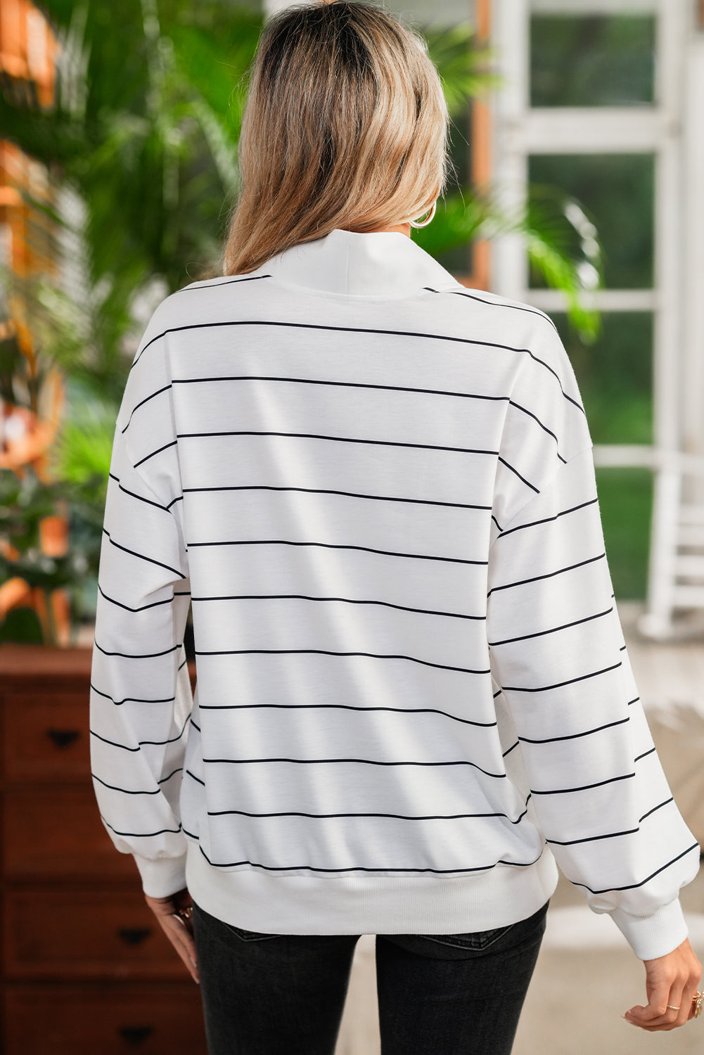 White Striped Zipper V-Neck Drop Sleeve Top