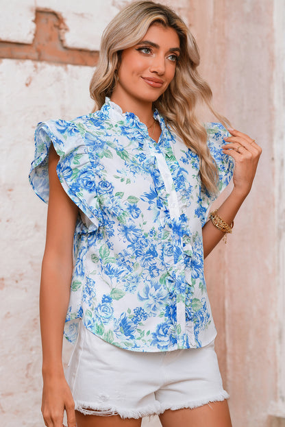 Green Floral Print Ruffle Sleeve Frill Shirt