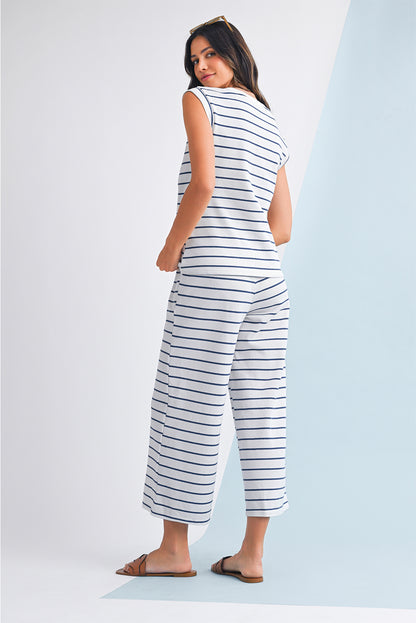 Sail Blue Casual Striped Tee and Wide Leg Pants Set
